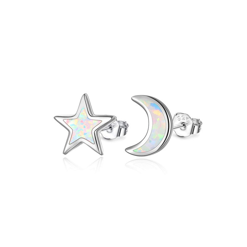 Cuoka Moon and Star Earrings 925 Sterling Silver Opal Celestial Asymmetry Star Moon Stud Earrings for Women Daughter - Image 1